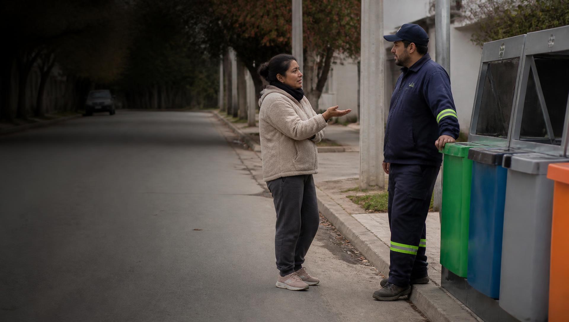 Vecina conversando con un trabajador del servicio local de residuos